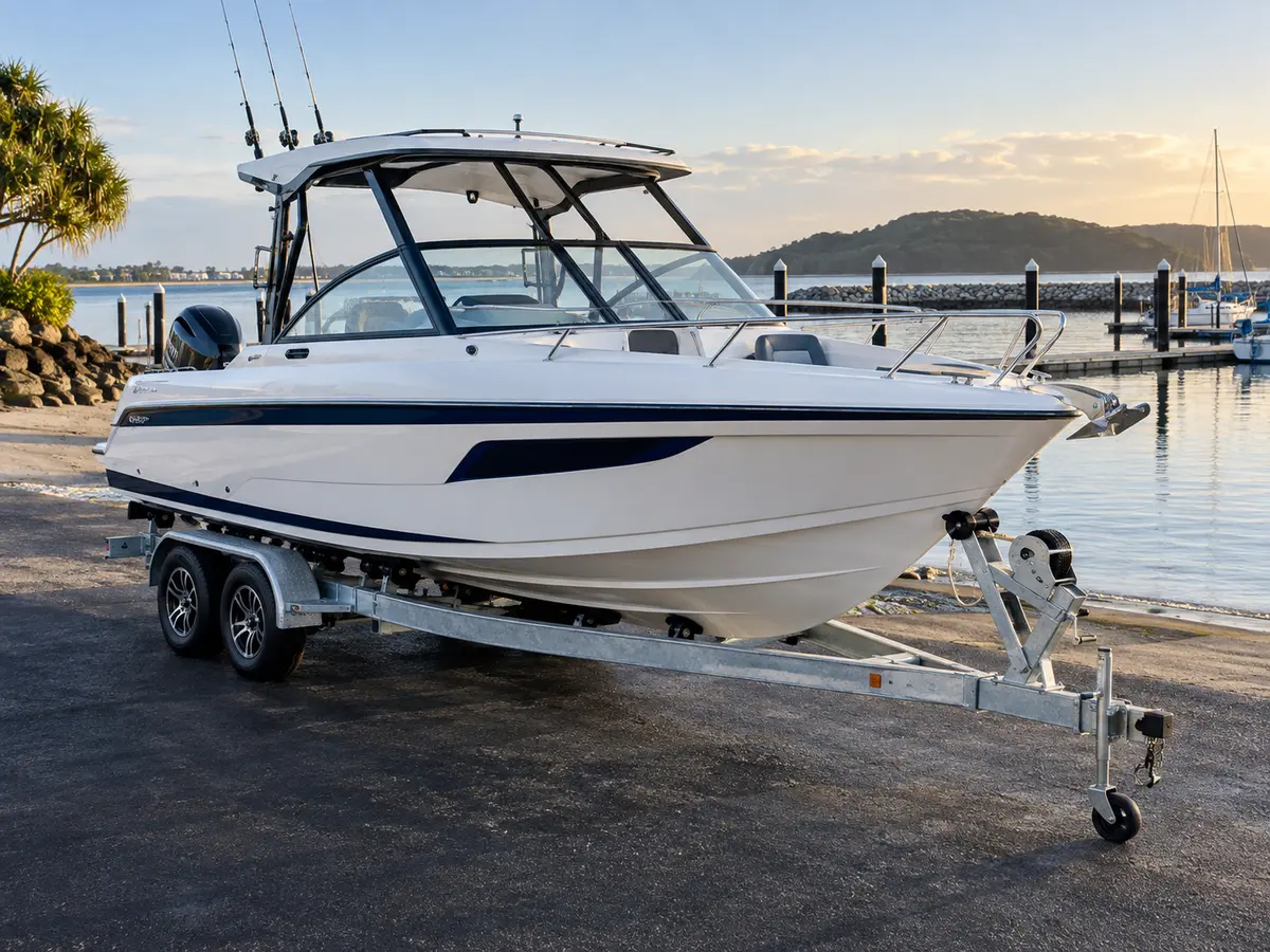 5.5 metre trailerable boat beside a marina